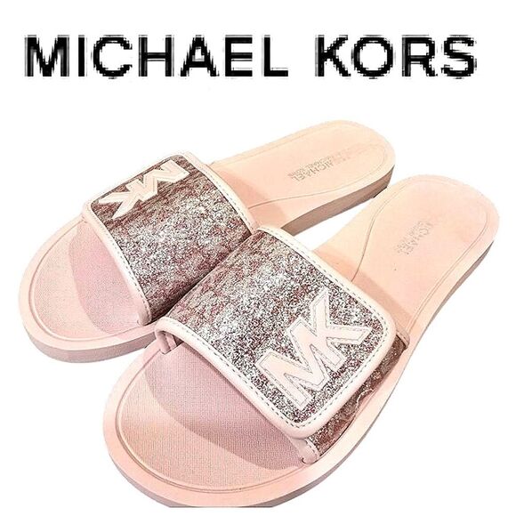 Michael Kors MK Logo Glitter Slide Sandals- Pink - Picture 1 of 8